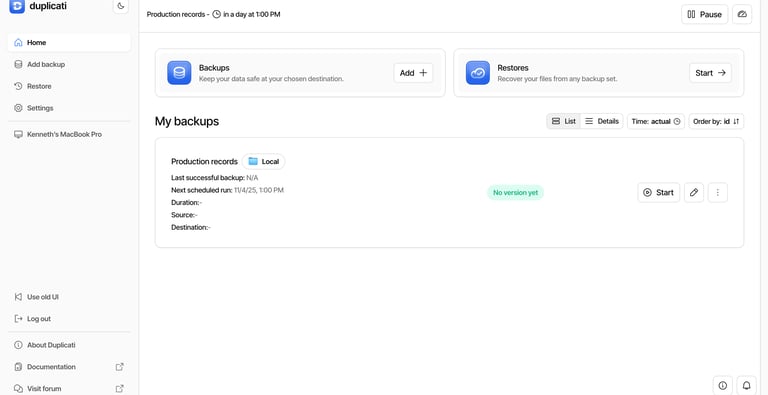 Interface Duplicati Backup