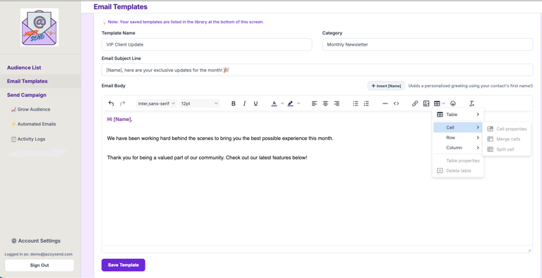 JazzySend distraction-free email campaign builder