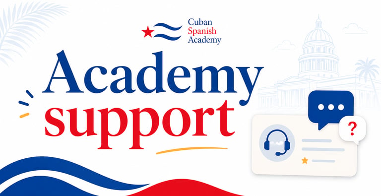Cuban Spanish Academy support banner featuring customer service icons and Havana's Capitolio building.