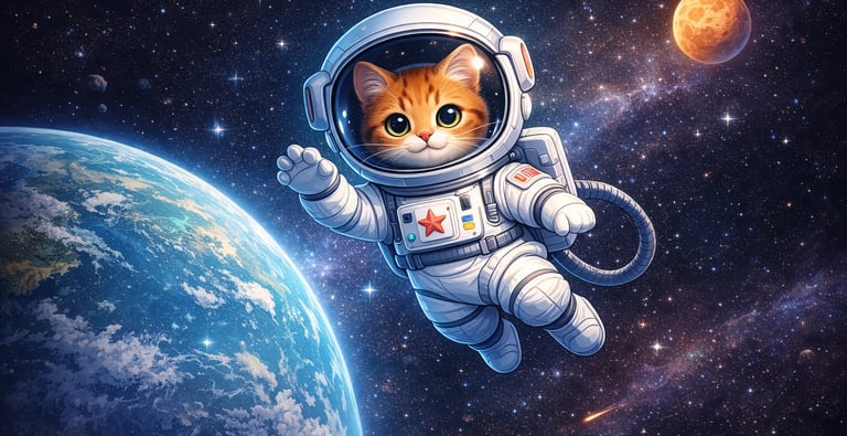 Imagem gerada por IA de um gato astronauta flutuando no espaço exemplo de prompt para criação 