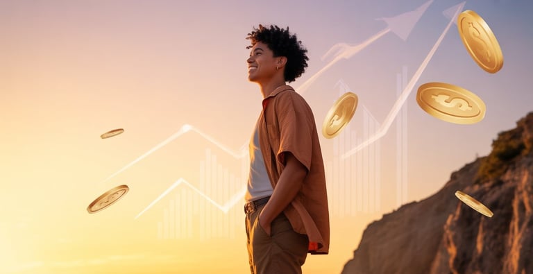 Person by coins symbolizing financial success, online business, and investment profits