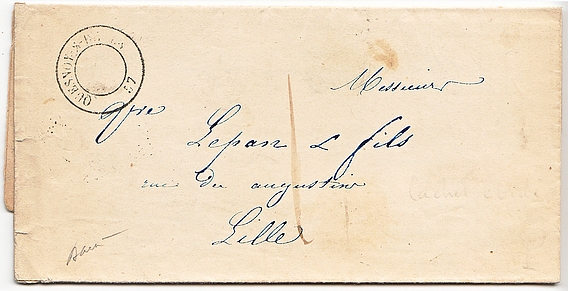 1847 : Lettre postée au bureau de QUESNOY-SUR-DEULE pour LILLE.