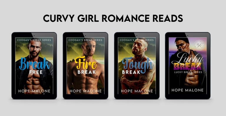 Covers of Hope Malone's Break Free, Fire Break, Tough Break, and Lucky Break curvy girl romances