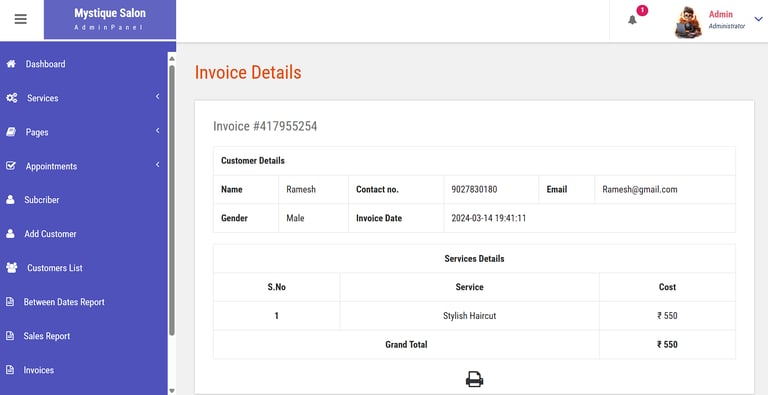 Online Salon Booking System - Invoice Details