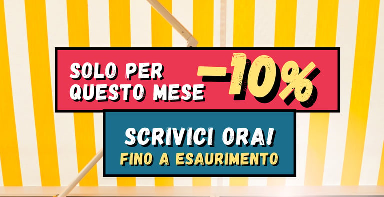 Grafica promozionale con scritta “Solo per questo mese -10%” su sfondo a righe gialle e bianche.