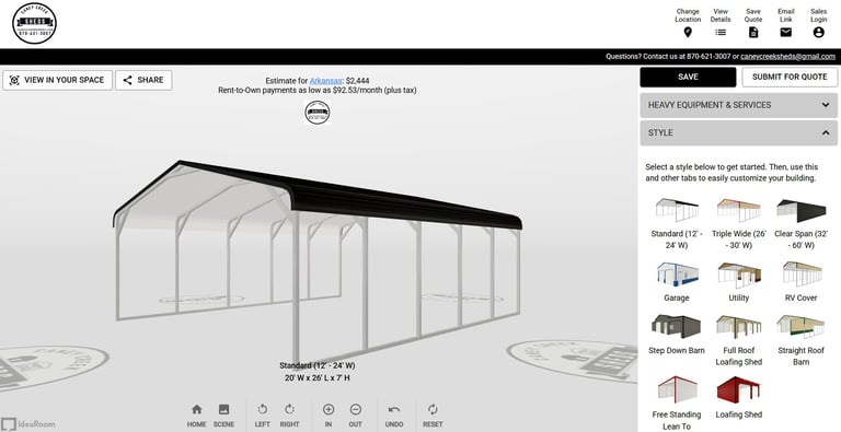 Metal Carport 3D Designer for Caney Creek Sheds in Texarkana Arkansas