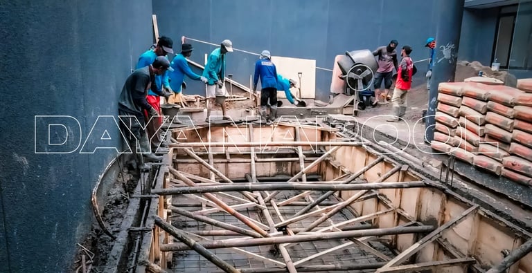 Proses pengecoran struktur kolam renang dengan beton berkualitas oleh dayanapool.