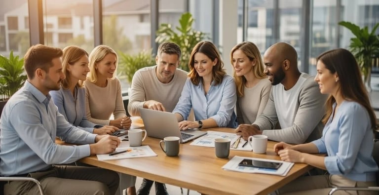 Equipo de marketing revisando estrategia de contenido SEO para empresas alrededor de una laptop