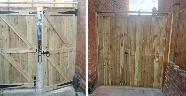 Before and after comparison of a custom wooden garden gate installation for a residential alleyway.