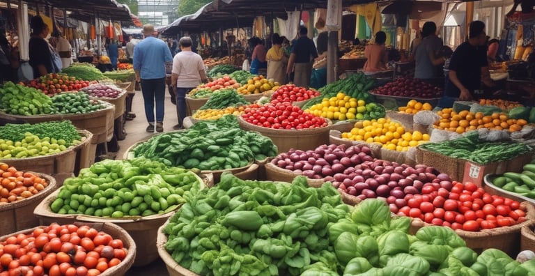 A vibrant marketplace featuring various Colombian products on display.