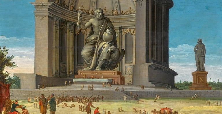  Ilustração da Estátua de Zeus em Olímpia, representando o deus sentado em um trono majestoso