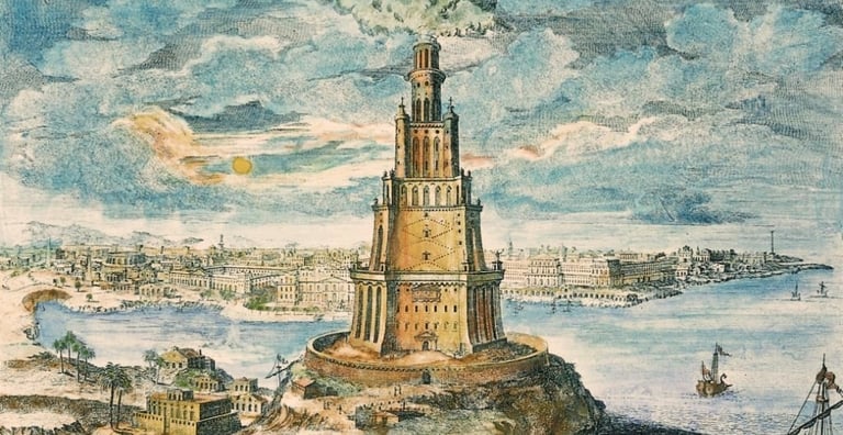 Ilustração do Farol de Alexandria com estrutura em três níveis, emitindo luz no topo.