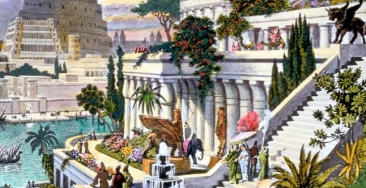 Gravura representando os Jardins Suspensos  com terraços repletos de vegetação exuberante.