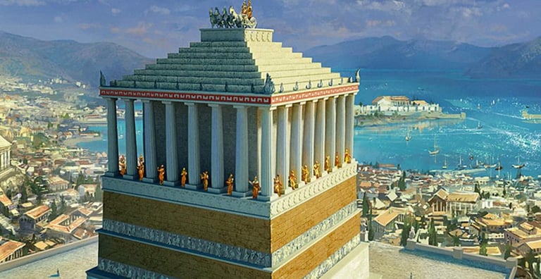 Reconstrução artística do Mausoléu de Halicarnasso com base retangular, colunas jônicas,.