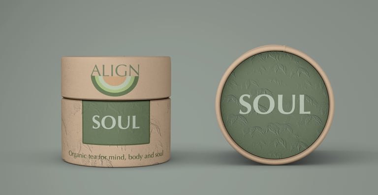 Close-up of Align Soul tea packaging with textured cardboard finish and semi-circle logo on lid