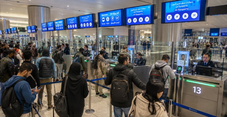 "Airport immigration checkpoint with biometric passport control and travelers."