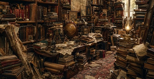 Medium difficulty hidden object puzzle featuring a messy, cluttered library full of antique books.