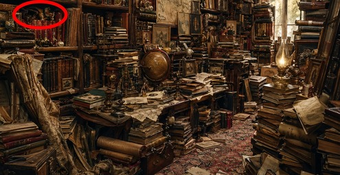 Answer revealing the hidden cat perched on the top left shelf of the cluttered library