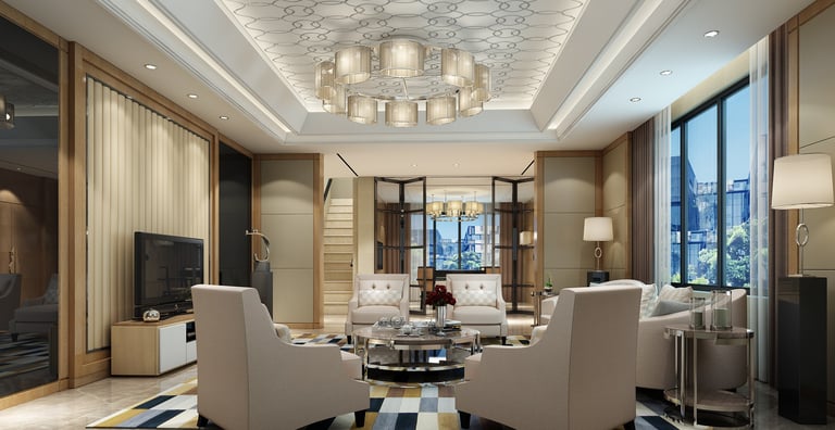 Luxury modern living room with elegant armchairs, a designer chandelier, and contemporary interior decor.