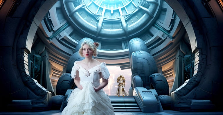 A blonde woman in a white vintage gown stands inside a futuristic sci-fi spaceship hangar.
