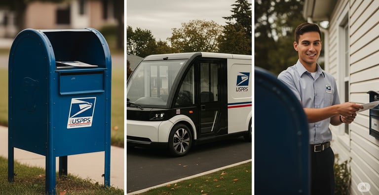 "Iconic elements of the U.S. Postal Service, showcasing its history and modernization."