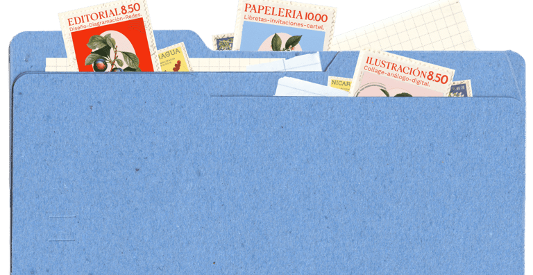 carpeta azul con papeles y estampillas