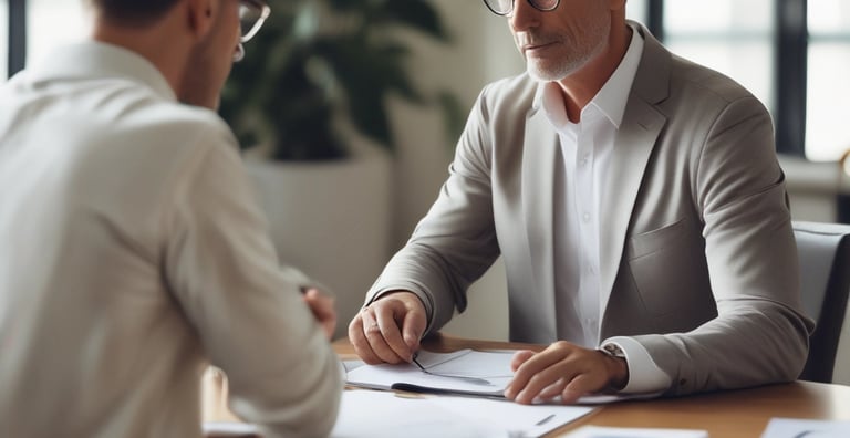 A friendly advisor discussing startup plans with a young entrepreneur in a cozy office.