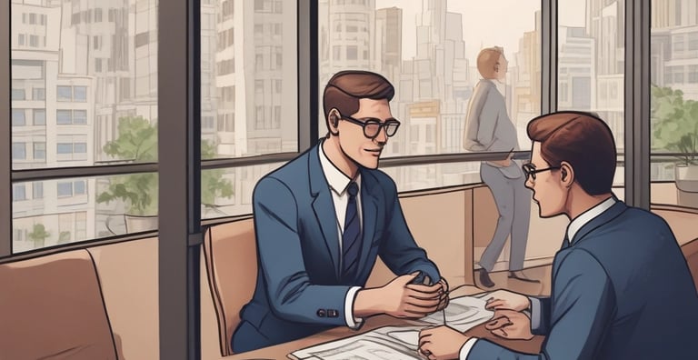 Close-up of hands reviewing loan documents and insurance policies over a blue-themed desk.