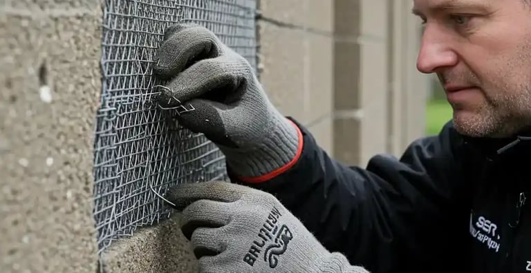 Rat control expert in Spalding applying mesh to cover a gap