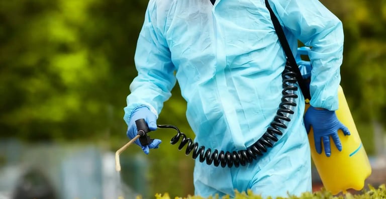 Wasp nest removal expert in beekeeper suit preparing to apply treatment