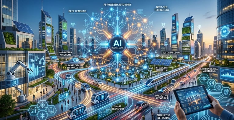 A futuristic smart city featuring AI neural networks, autonomous transport, and sustainable green technology.