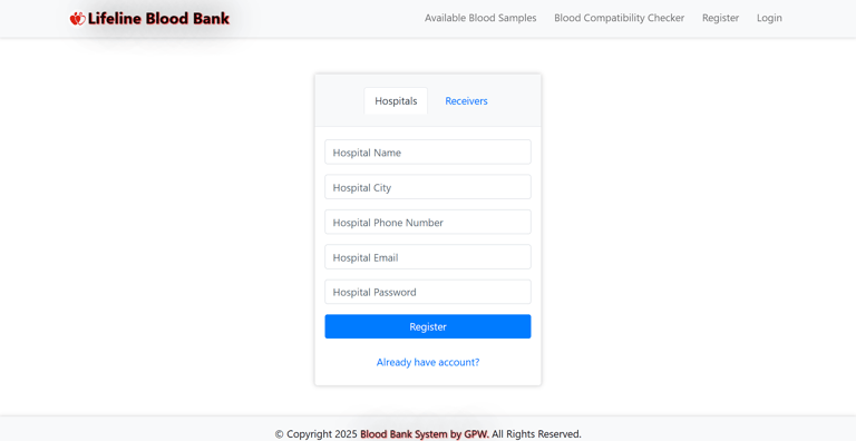 Blood Bank Management System - Hospital Registration Page