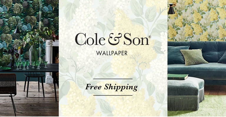 Cole & Son floral wallpaper featuring forest and lilac designs in stylish dining and living rooms.