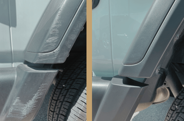 Before and after comparison of scuffed car plastic fender flare restoration.