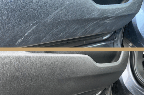 Before and after comparison of scuff mark removal on a plastic car door interior panel.