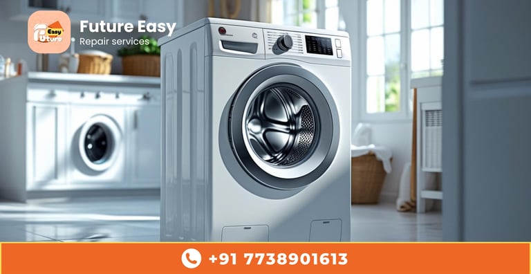 Washing machine with Future Easy Repair Services branding and contact number.