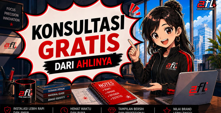 Konsultasi sebelum produksi signage custom dimulai oleh tim Angel Family Laser Cileungsi-Cibubur.