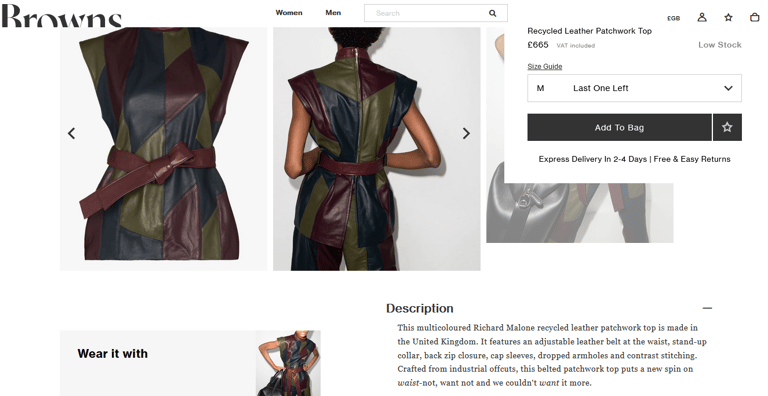 Screenshot of a leather top with my product description