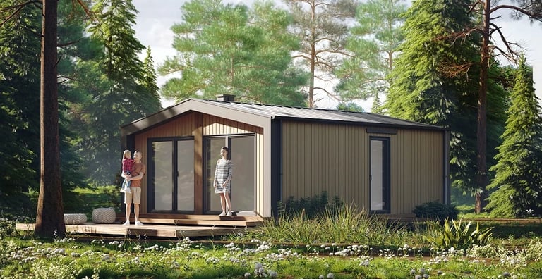 Energooszczędny parterowy dom modułowy o powierzchni do 50 m², wykończony deską elewacyjną