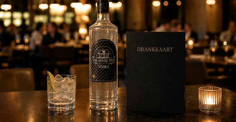 Een fles huisgemaakte wodka naast een drankkaart en een ijskoude cocktail in een schemerig verlichte