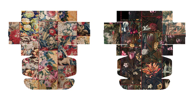 Two floral patchwork pattern templates featuring vintage tapestry and botanical oil painting designs.