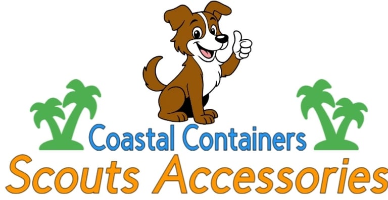 Logo for Scout's Accessories from Coastal Containers, featuring Scout the dog giving a thumbs up.