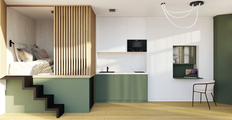 A small apartment design that includes a bed, kitchen, and stairs, emphasizing functionality in limi