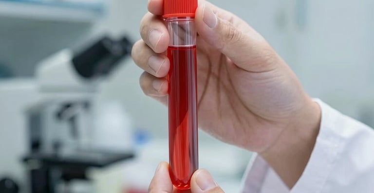 A sharp close-up of a professional laboratory technician in a clean, sterile lab setting, holding a water sample vial with deep red accents, bright daylight, 35mm