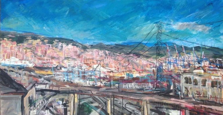 A mixed media painting of the port in Genoa in Italy.