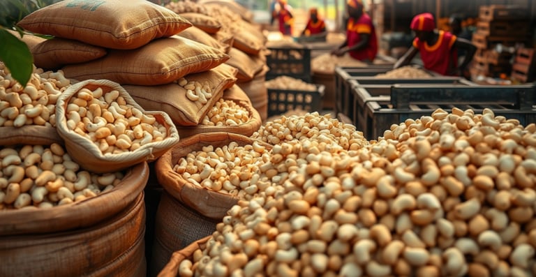 Women sorting whole cashew nuts on a conveyor belt in a Benin factory, showcasing skilled labor.