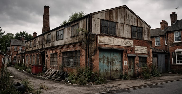 A light industrial building that is looking dirty and unloved