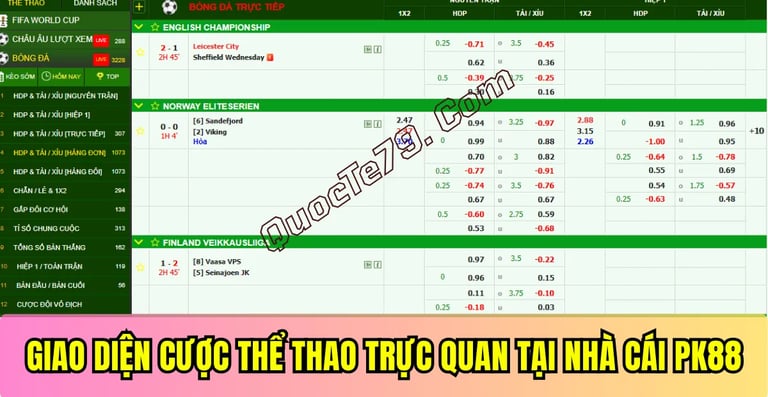 Giao diện đặt cược kèo bóng đá PK88 với các loại kèo chính