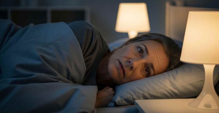 Pessoa madura deitada na cama durante a noite, ambiente calmo, luz suave, expressão de leve preocupação, estilo realista.