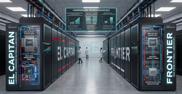 Corredor de data center com os supercomputadores exascale El Capitan e Frontier equipados com GPUs 